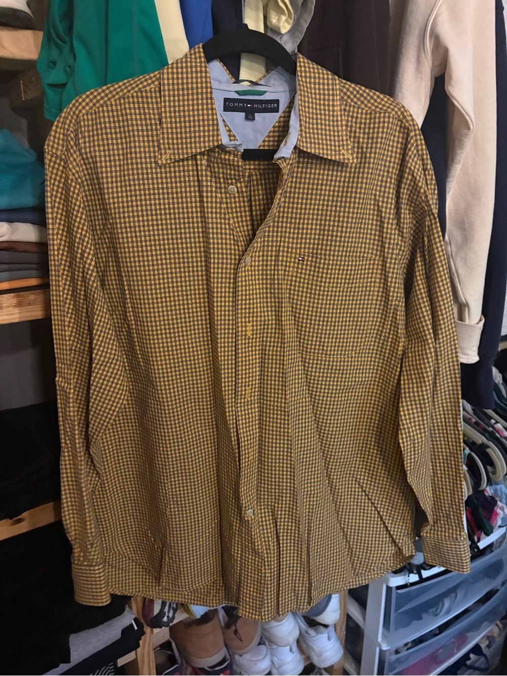 Tommy Hilfiger Men's Yellow and Brown Gingham Button-Down Shirt